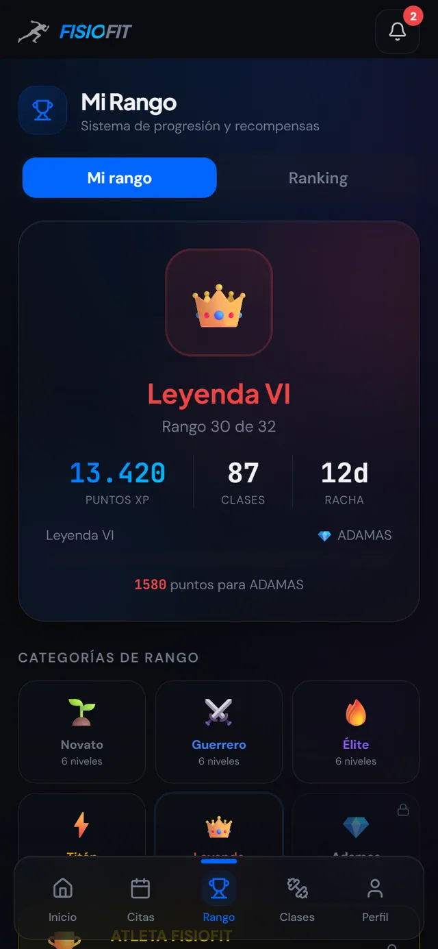 Mi rango. 32 niveles: de Novato a Leyenda, Adamas y el máximo, ATLETA FISIOFIT.